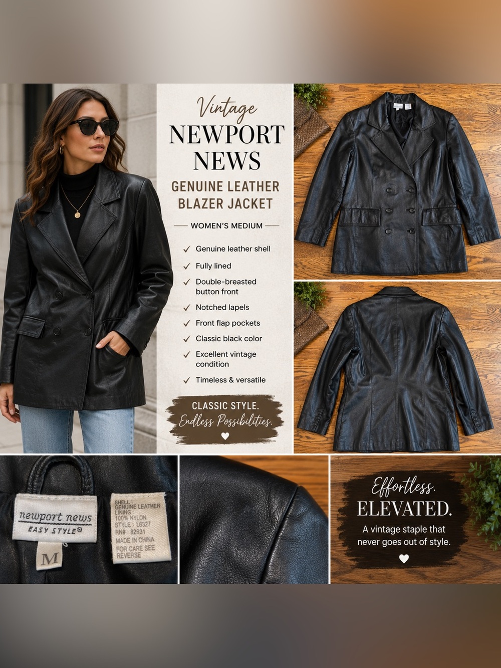 Vintage Newport News Genuine Leather Blazer Jacket Black Women’s Medium